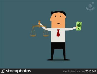 Cartoon confused businessman choosing between justice and bribe money with dollars ans scales in hands, for corruption concept design. Businessman with justice scales and money