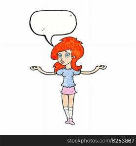 cartoon confused pretty girl with speech bubble