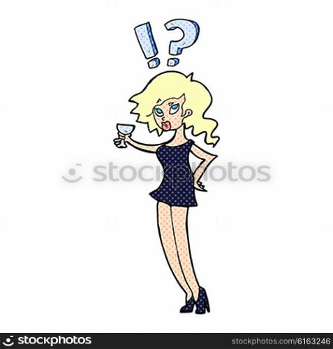 cartoon confused woman drinking cocktail