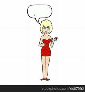 cartoon confused woman in cocktail dress with speech bubble
