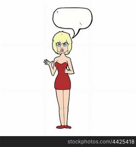 cartoon confused woman in cocktail dress with speech bubble