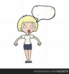 cartoon confused woman shrugging shoulders with speech bubble
