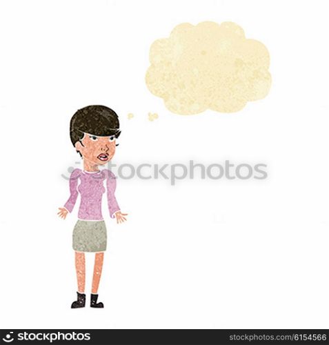 cartoon confused woman with thought bubble