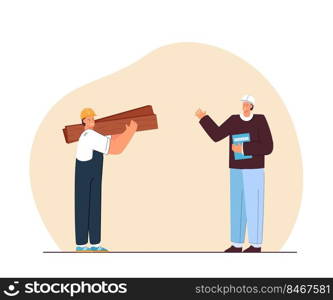 Cartoon construction manager and builder holding wooden planks. Contractor greeting worker in uniform flat vector illustration. Engineering, construction industry concept for banner or landing page