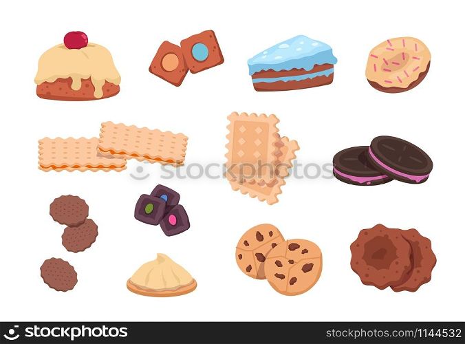 Cartoon cookies. Chocolate snack and sweet bakery, Christmas dessert and sugar candies. Vector isolated illustration sweets with fruits and shaped cookies on white background. Cartoon cookies. Chocolate snack and sweet bakery, Christmas dessert and sugar candies. Vector isolated sweets and shaped cookies