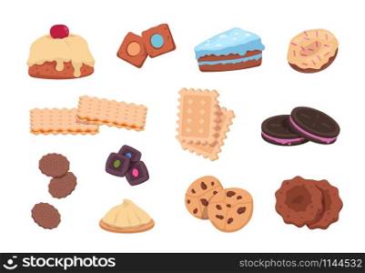 Cartoon cookies. Chocolate snack and sweet bakery, Christmas dessert and sugar candies. Vector isolated illustration sweets with fruits and shaped cookies on white background. Cartoon cookies. Chocolate snack and sweet bakery, Christmas dessert and sugar candies. Vector isolated sweets and shaped cookies