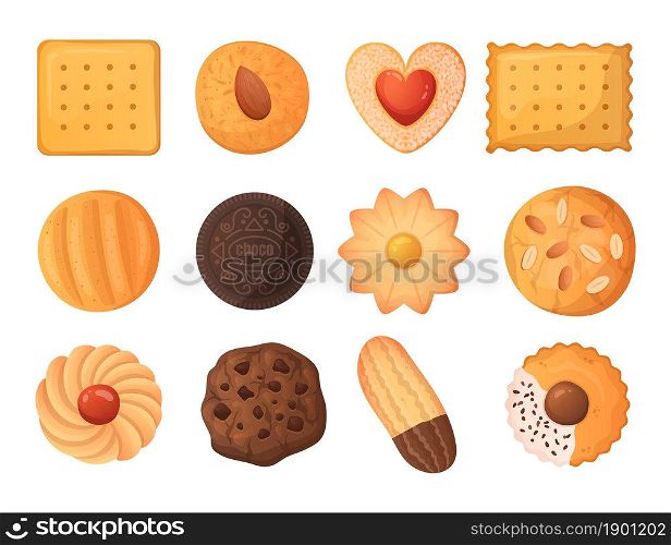 Cartoon cookies. Tasty food. Delicious biscuit and crunchy cracker. Baked dough products. Gingerbread and chocolate cake. Isolated pastries collection. Sweet snacks. Vector yummy crispy desserts set. Cartoon cookies. Tasty food. Delicious biscuit and cracker. Baked dough products. Gingerbread and chocolate cake. Isolated pastries collection. Sweet snacks. Vector yummy desserts set