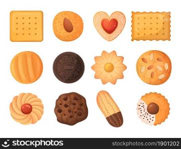 Cartoon cookies. Tasty food. Delicious biscuit and crunchy cracker. Baked dough products. Gingerbread and chocolate cake. Isolated pastries collection. Sweet snacks. Vector yummy crispy desserts set. Cartoon cookies. Tasty food. Delicious biscuit and cracker. Baked dough products. Gingerbread and chocolate cake. Isolated pastries collection. Sweet snacks. Vector yummy desserts set