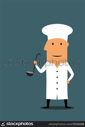 Cartoon cooking chef in white uniform tunic and toque standing with large ladle in hand. For restaurant or food service concept usage. Cartoon chef in white uniform with ladle