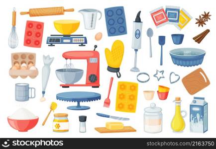 Cartoon cooking tools and baking ingredients collection. Cooking cake and bakery with ingredient, cook with kitchen equipment. Cartoon cooking tools and baking ingredients collection