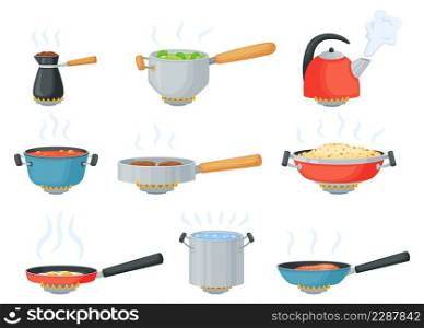 Cartoon cookware on stove, cooking food in frying pan or saucepan. Kettle with boiling water, pot with soup, pans on gas burner vector set of kitchen utensil, pan and cookware illustration. Cartoon cookware on stove, cooking food in frying pan or saucepan. Kettle with boiling water, pot with soup, pans on gas burner vector set