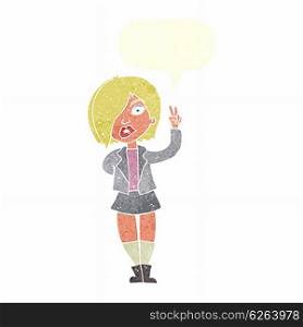 cartoon cool girl giving peace sign with speech bubble