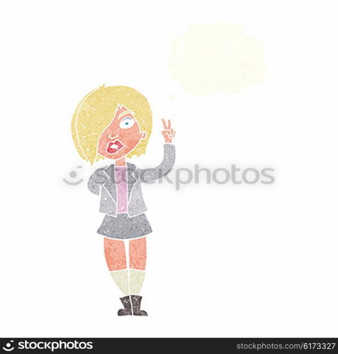 cartoon cool girl giving peace sign with thought bubble