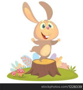 Cartoon cool little bunny rabbit dancing on tree stump in summer season background with flower and mushrooms. Vector illustration isolated