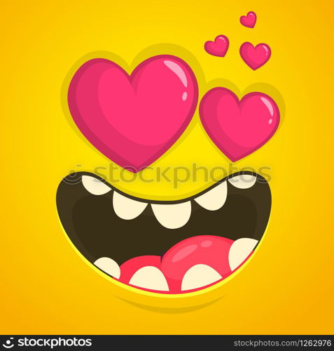 Cartoon cool monster face in love with a heart shaped eyes. Vector Halloween orange monster avatar for St. Valentine&rsquo;s Day