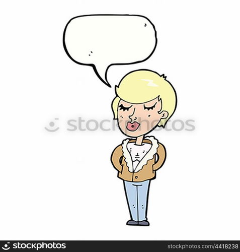 cartoon cool relaxed woman with speech bubble