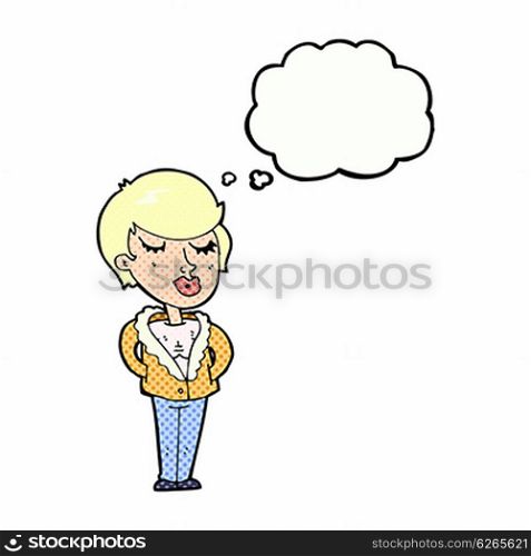cartoon cool relaxed woman with thought bubble
