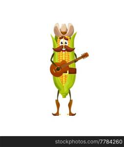 Cartoon corn cob cowboy character with guitar, vector American Western or Wild West musician. Funny maize vegetable food personage with mustache, cowboy hat and shoes with spurs playing guitar. Cartoon corn cob cowboy character with guitar