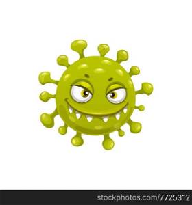Cartoon coronavirus cell vector icon, funny covid19 virus or bacteria or germ character with toothy laughing face. Smiling angry pathogen microbe monster with big eyes, isolated covid cell. Cartoon coronavirus cell vector icon covid19 virus