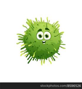 Cartoon coronavirus character vector green funny cell of covid19 virus, bacteria or germ with smiling face, big eyes and outgrowths. Pathogen microbe monster, isolated corona mascot, cute personage. Cartoon coronavirus character vector green cell
