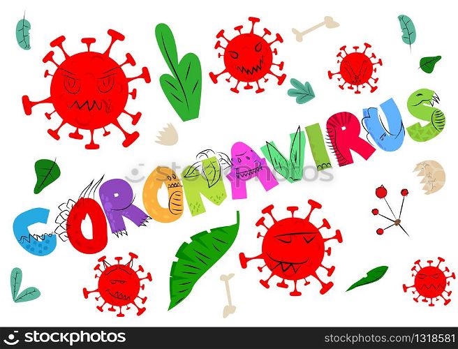 Cartoon Coronavirus sign with dinosaur letters. Abstract card for children.