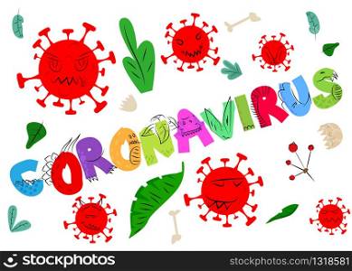 Cartoon Coronavirus sign with dinosaur letters. Abstract card for children.