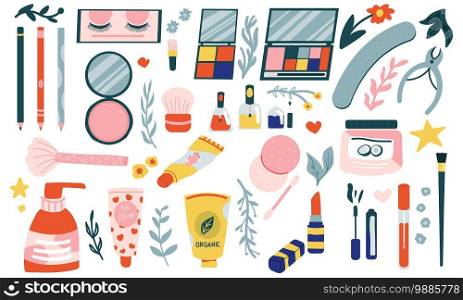 Cartoon cosmetic. Doodle hand drawn beauty products. Isolated sh&oo and lotion, mascara or lipstick. Collection for makeup and body care. Eyeshadow palette and nail polish, vector minimal flat set. Cartoon cosmetic. Doodle hand drawn beauty products. Sh&oo and lotion, mascara or lipstick. Collection for makeup and body care. Eyeshadow palette and nail polish, vector minimal set