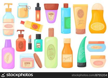 Cartoon cosmetic jars. Hair skin care pruducts, skincare organic cosmetics bottle, eco cleanser, lotion facial gel, soap for face, oil scrub cream vector illustration. Bottle product cream jar. Cartoon cosmetic jars. Hair skin care pruducts, skincare organic cosmetics bottle, eco cleanser, lotion facial gel, soap for face, oil scrub cream antiaging neat vector illustration
