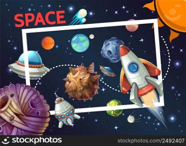Cartoon cosmic template with rectangular frame rocket spaceship ufo planets asteroids meteors comets sun satellite on space background vector illustration. Cartoon Cosmic Template