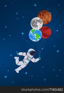 Cartoon cosmonaut with planets. Funny character astronaut holds in hand abstract sky planet balloons vector child cute journey sweet future card. Cartoon cosmonaut with planets. Funny character astronaut holds in hand abstract sky planet balloons vector child cute card