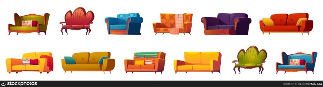 Cartoon couches and sofas furniture isolated set. Classic and modern design made of leather, fabric, buttoned quilted upholstery with pillows, interior objects on white background, Vector illustration. Cartoon couches and sofas furniture isolated set