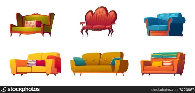 Cartoon couches and sofas furniture isolated set. Classic and modern design made of leather, fabric, buttoned quilted upholstery with pillows, interior objects on white background, vector illustration. Cartoon couches and sofas furniture isolated set