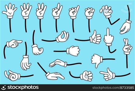Cartoon counting hand. Count comic hands in white gloves and countdown fingers. Funny arm shows numbers and different gestures vector set. Education school gesture showing forefinger illustration. Cartoon counting hand. Count comic hands in white gloves and countdown fingers. Funny garish arm shows numbers and different gestures vector set