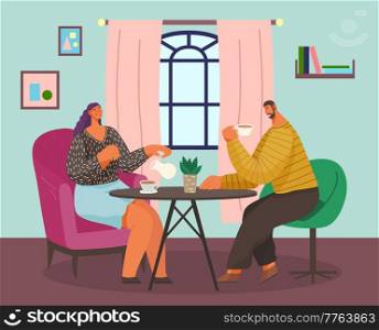 Cartoon couple at home, sit at the dinner table and drink tea, talk to each other, chat. A cozy living room interior. Stay home be safe awareness social media c&aign and coronavirus prevention.. Married couple at home at the table. Family tea party. Leisure. Coronavirus self-isolation