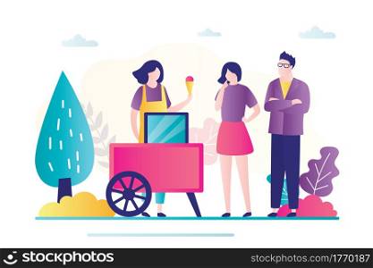 Cartoon couple buy ice cream from seller. Small local business concept. Young people clients and woman worker. Fast food kiosk, stall for sweet snacks. Businesswoman and customers. Vector illustration. Cartoon couple buy ice cream from seller. Small local business concept. Young people clients and woman worker.