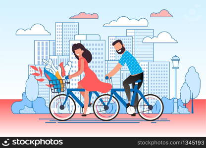Cartoon Couple Cycling on City Street. Man and Woman, Boyfriend and Girlfriend Riding Bicycles. Eco Walking Tour, Tourist Excursion. Touristic Entertainment, Voyage in Town. Vector Flat Illustration. Cartoon Married Couple Cycling through City Street