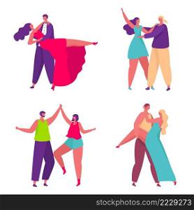Cartoon couple dancing. Female and male dancers taking part in tournament or competition. Characters leading active lifestyle, doing movements set vector illustration. Performance at show. Cartoon couple dancing. Female and male dancers taking part in tournament or competition. Characters leading active lifestyle