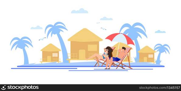 Cartoon Couple Having Rest and Sunbathing on Beach. Man and Woman Characters Sitting on Chaise Longue. Tropical Hotel with Water Bungalow on Backdrop. Vector Happy Summertime Illustration. Cartoon Couple Having Rest and Sunbathing on Beach