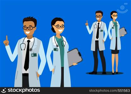Cartoon couple of doctors,smile male and female,vector illustration. Cartoon couple of doctors,smile male and female