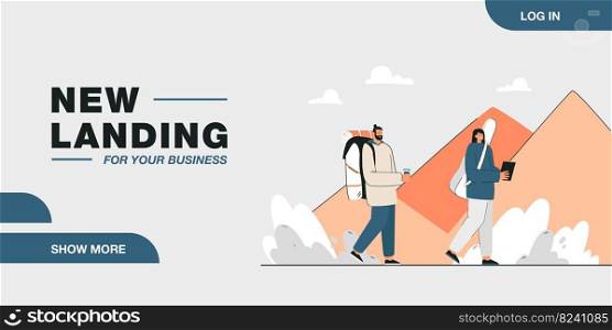 Cartoon couple on adventure together. Man and woman walking in front of pyramids or mountains flat vector illustration. Traveling, tourism concept for banner, website design or landing web page