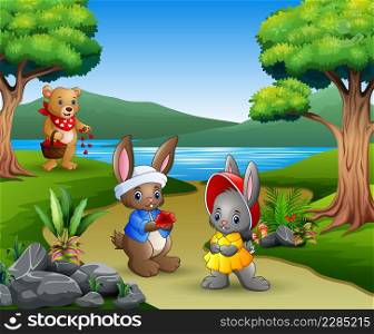 Cartoon couple rabbits with mother bears in the park