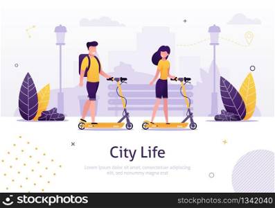 Cartoon Couple Riding Scooters in Park Banner Vector Illustration. Girl and Boy Tranporting around Town and Having Tour. Spending Free Time Together. City Life. People Park on Scooters. Eco transport.. Cartoon Couple Riding Scooters in Park Banner.