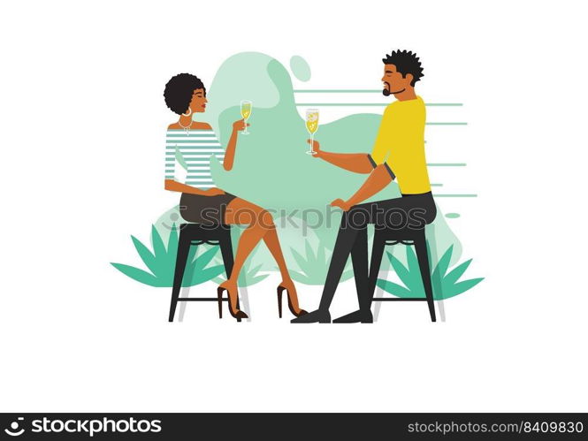 Cartoon couple talking and drinking wine sitting at chair