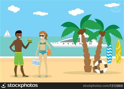 Cartoon couple teenagers in swimsuit on the beach,african american boy and european girl,flat vector illustration. Cartoon couple teenagers on the beach,african american boy and e