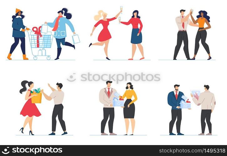 Cartoon Couples and Friends Characters Flat Set. Different Relations and Actions. People Going Shopping, Celebrating Holiday or Business Success, Working. Social Interaction. Vector Illustration. Cartoon Couples and Friends Characters Flat Set