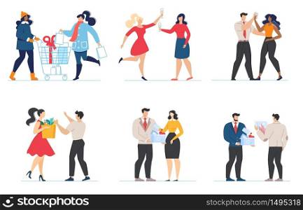 Cartoon Couples and Friends Characters Flat Set. Different Relations and Actions. People Going Shopping, Celebrating Holiday or Business Success, Working. Social Interaction. Vector Illustration. Cartoon Couples and Friends Characters Flat Set