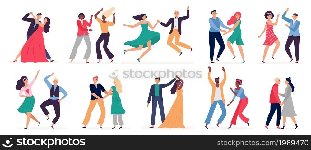 Cartoon couples dancing in club, tango, waltz and swing. Man and woman having training lessons. Female and male characters doing movements and steps at party vector set. Dancers in elegant costumes. Cartoon couples dancing in club, tango, waltz and swing. Man and woman having training lessons vector
