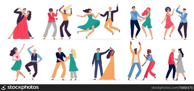 Cartoon couples dancing in club, tango, waltz and swing. Man and woman having training lessons. Female and male characters doing movements and steps at party vector set. Dancers in elegant costumes. Cartoon couples dancing in club, tango, waltz and swing. Man and woman having training lessons vector