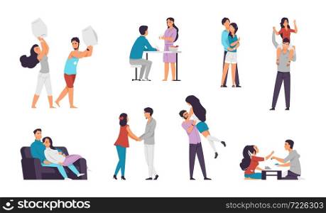 Cartoon couples. Happy characters in love, boy and girl on romantic date, spending time together and staying at home. Vector illustrations people romantic scenes set. Cartoon couples. Happy characters in love, boy and girl on romantic date, spending time together and staying at home. Vector romantic scenes set