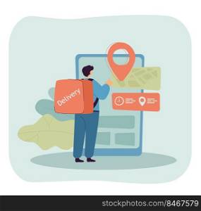 Cartoon courier checking location through huge smartphone. Man with thermal bag delivering order flat vector illustration. Delivery service, technology concept for banner or landing web page